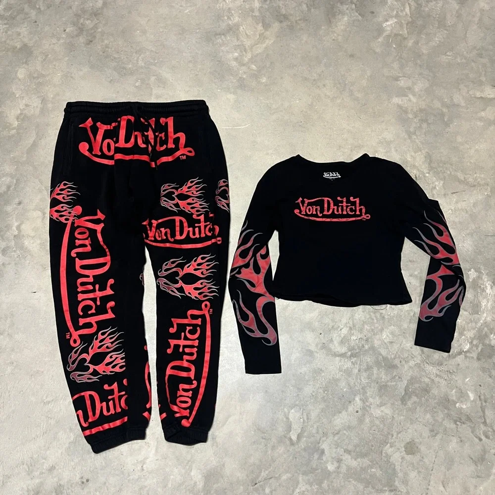 Von Dutch Womens 2 Piece Set Black Red Flame Crop Top Joggers L TVNO3A1275NV